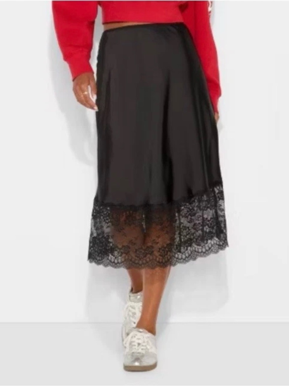 wild fable Black Midi Slip Skirt with Lace Hem